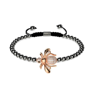 Queen | Gunmetal & 18k Rose Gold | Crystal Honeybee Macrame Charm Bracelet