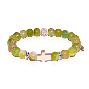 St. Elizabeth Ann Seton | Rose Gold Cross | Olive Green Striped Agate Bracelet